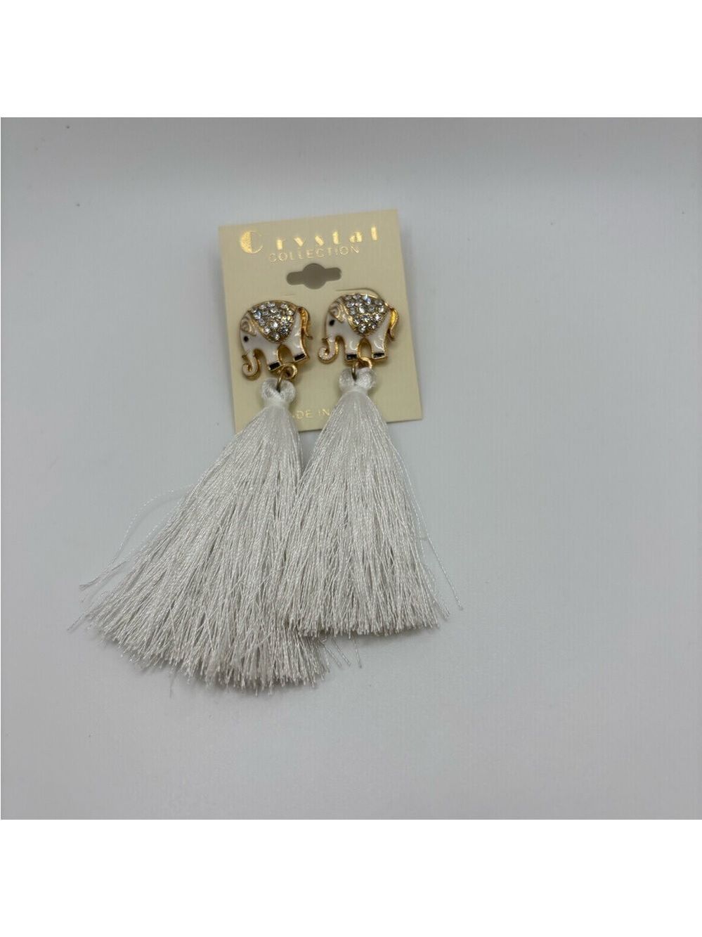 Crystal Collection Elephant Gold and White Tassel Earrings